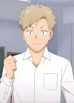 1boy blonde_hair chanto_suenai_kyuuketsuki-chan closed_mouth daichi_chiba grey_background highres looking_at_viewer male_focus school_uniform shirt smile upper_body white_shirt