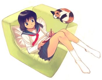 1girl black_hair blue_sailor_collar blue_skirt calico_(pattern) calico_cat cat commentary couch full_body handheld_game_console holding holding_handheld_game_console kimura_(pixiv178485) long_hair lying neckerchief no_shoes on_back on_couch on_pillow original pleated_skirt red_neckerchief sailor_collar school_uniform serafuku shirt simple_background skirt socks solo white_background white_shirt white_socks
