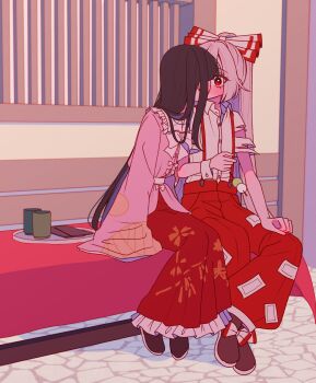 2girls absurdres bench black_shoes blush bow bowtie brown_hair commentary_request cup dango food frilled_skirt frills fujiwara_no_mokou grey_hair hair_bow highres houraisan_kaguya kiss long_hair long_sleeves multiple_girls ofuda ofuda_on_clothes outdoors pants petal_print pink_shirt ponytail print_skirt red_eyes red_pants red_skirt shirt shoes single_wrist_cuff sitting skewer skirt surprise_kiss surprised suspenders tamiko_(tamik0224) torn_clothes torn_shirt torn_sleeves touhou very_long_hair wagashi white_bow white_bowtie white_shirt wide_sleeves wrist_cuffs yunomi yuri