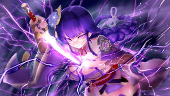 1girl absurdres armor blunt_bangs blurry blurry_background braid breasts bridal_gauntlets closed_mouth commentary depth_of_field drawing_sword electricity expressionless genshin_impact glowing glowing_sword glowing_weapon hair_ornament hair_ribbon head_tilt highres holding holding_sword holding_weapon huge_breasts human_scabbard japanese_clothes katana kimono leaning_forward long_braid long_hair looking_at_viewer mitsudomoe_(shape) mole mole_under_eye motion_blur musou_isshin_(genshin_impact) off_shoulder powering_up purple_eyes purple_hair purple_kimono purple_ribbon raiden_shogun ribbon samanarbear sash shoulder_armor single_braid solo sword sword_between_breasts thighhighs tomoe_(symbol) upper_body weapon