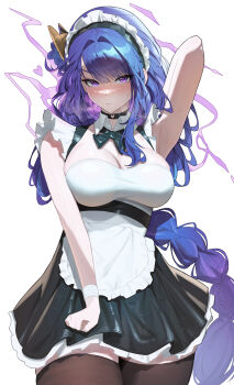 1girl absurdres alternate_costume apron arm_up armpits black_bow black_bowtie black_choker black_dress black_thighhighs blush bow bowtie braid braided_ponytail breasts breath choker cleavage closed_mouth collared_dress commentary dress electricity english_commentary enmaided frilled_apron frilled_dress frilled_headwear frills genshin_impact hair_between_eyes hair_intakes heart heart_choker highres large_breasts light_frown long_hair looking_at_viewer maid maid_apron maid_headdress mangsik purple_eyes purple_hair raiden_shogun sidelocks simple_background skirt_hold solo standing steam sweatdrop thighhighs thighs very_long_hair white_apron white_background white_headdress white_wrist_cuffs wrist_cuffs