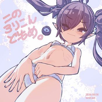 1girl ahoge backbeako_(torotei) backbeard black_hair black_ribbon blush bow bow_bra bow_panties bra breasts brown_eyes clenched_hand closed_mouth commentary cowboy_shot dated dated_commentary dutch_angle eyes_visible_through_hair gegege_no_kitarou hair_over_one_eye hair_ribbon half-closed_eye hands_on_own_crotch kono_lolicon_domome loli long_hair looking_at_viewer looking_down navel one_eye_closed original paid_reward_available panties pointy_ears red_eyes ribbon ribs simple_background small_breasts solo splatter_background standing torotei translation_request twintails underwear underwear_only watermark web_address white_background white_bra white_panties