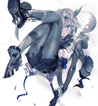 Rule 34 | 1girl, black pantyhose, blue eyes, eyes visible through hair, female focus, gradient background, hairband, high heels, jitome, knife, legs up, looking at viewer, lying, monochrome, on back, original, panties, panties under pantyhose, pantyhose, short hair, silver hair, sketch, solo, underwear, uturo