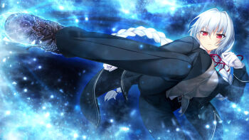 1girl belt belt_buckle black_jacket black_suit braid braided_ponytail breasts brown_belt buckle closed_mouth formal_clothes gloves grey_hair hair_intakes jacket kicking large_breasts long_hair long_sleeves looking_at_viewer noel_the_nextseason nora_to_oujo_to_noraneko_heart official_art oozora_itsuki red_eyes solo suit white_gloves