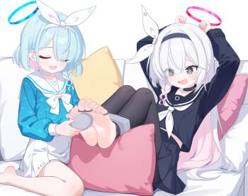 2girls :d absurdres arms_up arona_(blue_archive) barefoot black_choker black_eyes black_hairband black_pantyhose black_sailor_collar black_serafuku black_shirt black_skirt blue_archive blue_hair blue_halo blue_shirt bound bound_toes bow braid chinese_commentary choker closed_eyes colored_inner_hair commentary_request couch eugenecolin eyes_visible_through_hair feet foot_focus foreshortening hair_bow hair_brush hair_over_one_eye hairband halo highres holding holding_hair_brush large_variant_set laughing long_hair long_sleeves medium_hair miniskirt multicolored_hair multiple_girls neckerchief on_couch open_mouth pantyhose pink_hair plana_(blue_archive) pleated_skirt puffy_long_sleeves puffy_sleeves red_halo sailor_collar sailor_shirt school_uniform serafuku shirt side_braid single_braid skirt smile soles tickling tickling_feet toes torn_clothes torn_pantyhose two-tone_hair variant_set white_bow white_choker white_hair white_hairband white_neckerchief white_sailor_collar white_skirt