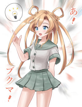 Rule 34 | 1girl, abukuma (kancolle), blonde hair, blue eyes, commentary request, contrapposto, double bun, dress, grey sailor collar, grey skirt, hair bun, hair rings, index finger raised, kantai collection, kitagawa mikio, light bulb, long hair, one-hour drawing challenge, pleated dress, sailor collar, sailor shirt, school uniform, serafuku, shirt, short sleeves, skirt, solo, spoken light bulb, standing, twintails, white shirt