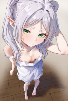 1girl bare_shoulders barefoot breasts commentary_request elf feet frieren from_above highres kadokadokado long_hair looking_at_viewer nightgown pointy_ears small_breasts solo sousou_no_frieren strap_slip thick_eyebrows toes twintails very_long_hair white_hair white_nightgown wooden_floor