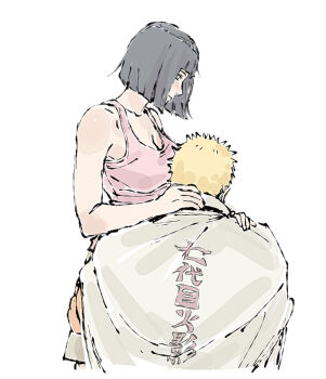 1boy 1girl beerenfuchs black_hair blonde_hair bob_cut boruto:_naruto_next_generations breasts brown_cape cape cleavage commentary hashtag-only_commentary husband_and_wife hyuuga_hinata large_breasts naruto_(series) pink_theme uzumaki_naruto