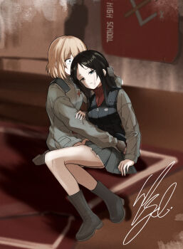 Rule 34 | 2girls, artist name, black boots, black gloves, black hair, black skirt, black vest, blonde hair, blue eyes, blurry, bob cut, boots, commentary, death, emblem, fine art parody, girls und panzer, gloves, green jacket, green jumpsuit, half-closed eyes, highres, hug, isaragi2315, ivan the terrible and his son ivan, jacket, jumpsuit, katyusha (girls und panzer), long hair, long sleeves, military uniform, miniskirt, multiple girls, nonna (girls und panzer), parody, parted lips, pleated skirt, pravda (emblem), pravda military uniform, red shirt, shirt, short hair, short jumpsuit, signature, sitting, skirt, swept bangs, tears, turtleneck, vest, wide-eyed