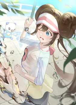 1girl absurdres black_pantyhose blue_eyes blurry breasts brown_hair commentary day double_bun frown gen_5_pokemon hair_bun highres large_breasts long_hair nintendo one_eye_closed oshawott outdoors pantyhose pokemon pokemon_(creature) pokemon_black_2_and_white_2 raglan_sleeves rosa_(pokemon) sambong_(pixiv_116476162) shirt shorts twintails water water_drop wet wet_clothes wet_shirt xtransceiver yellow_shorts