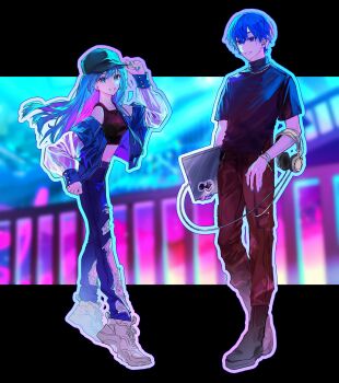 1boy 1girl alternate_costume alternate_hairstyle aqua_eyes aqua_hair aqua_nails baseball_cap black_shirt blue_eyes blue_hair blue_jacket blue_nails blurry blurry_background boots border cable commentary computer crop_top denim full_body grin hat hat_tip hatsune_miku headphones_around_arm highres jacket jeans kaito_(vocaloid) karanagare laptop letterboxed long_hair looking_at_viewer midriff navel neon_palette off_shoulder pants railing red_pants shirt shoes short_sleeves smile sneakers standing vocaloid white_border white_shoes