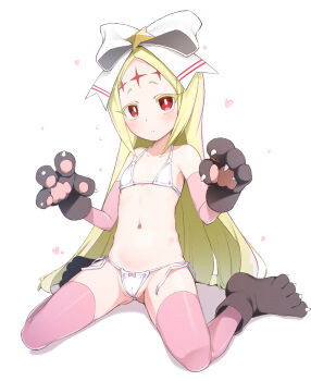 1girl animal_hands bikini black_footwear black_gloves blonde_hair blush bow bow_bikini bright_pupils cameltoe closed_mouth collarbone commentary_request dot_nose elbow_gloves flat_chest forehead full_body gloves hair_bow heart highres loli long_hair looking_at_viewer mahou_shoujo_ni_akogarete micro_bikini morino_korisu navel nekono_matatabi nero_alice paid_reward_available panties parted_bangs paw_gloves paw_pose paw_shoes pink_thighhighs red_eyes side-tie_bikini_bottom simple_background sitting solo spread_legs swimsuit thighhighs underwear very_long_hair wariza white_background white_bikini white_bow white_pupils