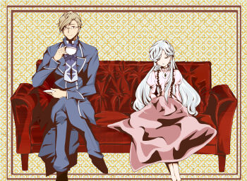 Rule 34 | 1boy, 1girl, blue jacket, blue pants, breasts, brown eyes, brown hair, closed mouth, couch, crossed legs, crusty (log horizon), cup, dress, earrings, highres, holding, holding cup, holding saucer, jacket, jewelry, juliet sleeves, log horizon, long sleeves, looking at viewer, oberonking, on couch, pants, parted lips, pink dress, puffy sleeves, reinesia el arte cowen, saucer, semi-rimless eyewear, sitting, sleeping, small breasts, smile, white hair