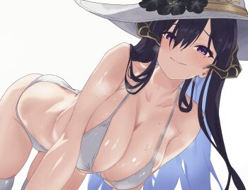 1girl all_fours alternate_costume armpit_crease bikini black_flower black_hair blue_hair blush breasts breath cleavage collarbone colored_inner_hair commentary_request constance_(honkai:_star_rail) demon_horns flower furrowed_brow hair_between_eyes hair_over_shoulder hanging_breasts hat hat_flower highres honkai:_star_rail honkai_(series) horns large_breasts long_hair looking_at_viewer mole mole_under_eye multicolored_hair neinlol purple_eyes simple_background skindentation smile solo steaming_body sun_hat sweat swimsuit thighhighs thighs very_long_hair white_background white_bikini white_hat