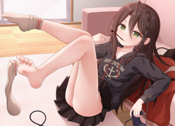 absurdres ahoge ass barefoot black_hoodie black_skirt braid breasts brown_hair controller couch feet food_in_mouth full_body game_controller gplnbeat green_eyes highres holding holding_controller hood hoodie indoors leaning_back legs_up long_hair long_sleeves looking_at_viewer mouth_hold no_panties on_floor pleated_skirt pointing pointing_at_self princess_connect! print_hoodie single_sock sitting skirt small_breasts sock_dangle socks soles toes white_socks wurm_(princess_connect!) wurm_(real)_(princess_connect!)
