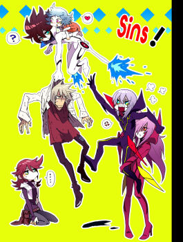 ... 3girls ? akira-riku akoes anger_vein blue_eyes bodysuit brown_hair brown_pants brown_shirt casshern casshern_(series) casshern_sins closed_mouth commentary_request dio_(casshern_sins) dirty dirty_clothes expressionless flying full_body green_eyes grey_eyes grey_hair grey_pants hair_between_eyes heart highres jacket leda_(casshern_sins) light_brown_hair long_bangs long_hair long_sleeves looking_at_another looking_to_the_side lyuze multiple_girls open_clothes open_jacket open_mouth open_vest pants pink_eyes pink_hair popped_collar purple_bodysuit reaching reaching_towards_another red_bodysuit red_eyes red_hair red_shirt ringo_(casshern_sins) seiza sharp_teeth shirt simple_background sitting spiked_hair spoken_anger_vein spoken_ellipsis spoken_heart spoken_question_mark standing teeth thrusters vest white_bodysuit white_jacket white_vest yellow_background