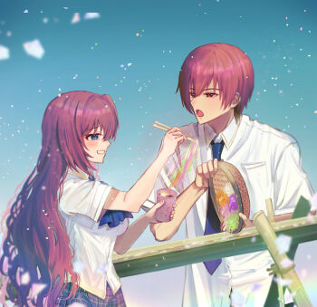 1boy 1girl :d a-chan_(little_busters!) animal_print bamboo blue_bow blue_bowtie blue_eyes blue_necktie blush bow bowtie breasts brown_hair cat_print chopsticks collared_shirt commentary_request cowboy_shot cup day dress_shirt eyelashes feeding flirting food from_side furrowed_brow grey_skirt grin hair_between_eyes happy hetero highres holding holding_chopsticks holding_cup large_breasts light_particles little_busters! little_busters!_school_uniform long_hair looking_at_another miiizuno_lbs nagashi_soumen natsume_kyousuke necktie noodles open_mouth outdoors plaid_clothes plaid_skirt print_cup profile red_eyes school_uniform shirt short_hair short_sleeves skirt smile soumen straight_hair tsurime upper_body very_long_hair water white_shirt