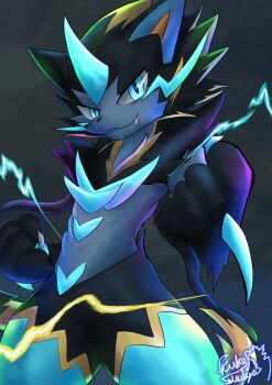 animal_ears animal_nose artist_name black_fur blue_eyes blue_fur body_fur cat claws electricity fangs furry gen_7_pokemon highres horns kuro83060mutyu legendary_pokemon mega_pokemon mega_zeraora mythical_pokemon nintendo pokemon pokemon_(creature) single_horn spikes two-tone_fur v-shaped_eyes whiskers yellow_trim zeraora