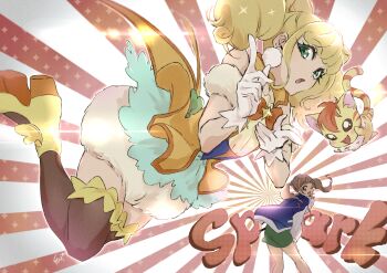 2girls bare_legs bare_shoulders black_corset black_thighhighs blonde_hair blue_jacket blunt_bangs bow bowtie brooch brown_eyes brown_hair bubble cat coattails collared_shirt cone_hair_bun corset cure_sparkle dancing detached_sleeves double_bun dual_persona earrings eyelashes finger_gun floating_clothes frilled_thigh_strap full_body fur_skirt fur_sleeves gloves green_eyes green_skirt hair_bun hand_on_own_chin happy healin&#039;_good_precure high_collar high_heels highres hiramitsu_hinata jacket jersey jewelry jumping long_sleeves looking_at_viewer magical_girl medium_hair miniskirt multiple_girls nyatoran_(precure) one_eye_closed open_mouth orange_bow orange_bowtie orange_shirt pencil_skirt pocket pom_pom_(clothes) pom_pom_earrings precure puffy_long_sleeves puffy_sleeves pumps red_background shipu_(gassyumaron) shirt shoes short_twintails skirt sleeveless sleeveless_shirt sparkle star_brooch thigh_strap thighhighs twintails twintails_with_hair_base two-tone_background white_background white_gloves white_skirt white_sleeves yellow_shoes