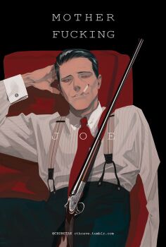 1boy black_background black_eyes black_hair black_pants chair character_request cigarette collared_shirt copyright_request ctkcave english_text gun hand_in_own_hair looking_at_viewer male_focus mature_male necktie old old_man on_chair pants parted_hair profanity red_necktie rifle shirt short_hair simple_background sitting smirk smoking solo striped_clothes striped_shirt suspenders weapon weapon_on_lap white_shirt