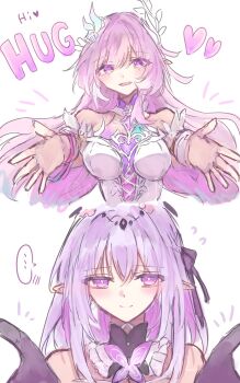 ... 2girls ame_00531 bare_shoulders breasts castorice_(honkai:_star_rail) commentary_request cyrene_(demiurge)_(honkai:_star_rail) cyrene_(honkai:_star_rail) diamond-shaped_pupils diamond_(shape) dress english_text flower gloves hair_flower hair_ornament heart highres honkai:_star_rail honkai_(series) imminent_hug large_breasts long_hair multiple_girls pink_hair pointy_ears purple_eyes purple_gloves purple_hair simple_background smile spoken_ellipsis symbol-shaped_pupils tiara very_long_hair white_background white_dress