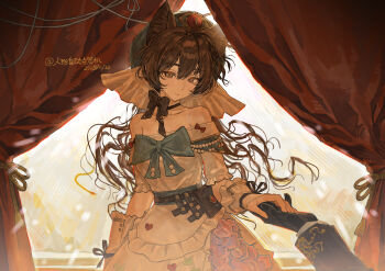 1girl 1other absurdres animal_ears artist_name bare_shoulders belt black_belt black_choker black_ribbon blue_hat blue_ribbon bow bride brown_hair chinese_commentary choker closed_mouth collarbone commentary_request dated dress frilled_sleeves frills hair_between_eyes hat highres holding_hands long_hair looking_at_viewer off-shoulder_dress off_shoulder original red_bow renxzd ribbon short_sleeves standing upper_body wedding wedding_dress white_dress