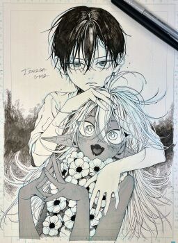 1boy 1girl absurdres artist_name dark-skinned_female dark_skin flower greyscale hand_in_another&#039;s_hair highres ishida_umi long_hair looking_at_viewer monochrome open_mouth original own_hands_together pointy_ears screentones short_hair signature steepled_fingers traditional_media upper_body