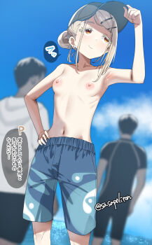 1girl 2boys blue_hat blue_shorts blue_sky breasts brown_eyes cloud collarbone commentary_request day gakuen_idolmaster hand_on_own_hip hat highres idolmaster male_swimwear_challenge multiple_boys navel nipples ocean outdoors sasanon_(sasapoliton) shinosawa_hiro shorts sidelocks sky small_breasts speech_bubble topless_female translation_request twitter_username
