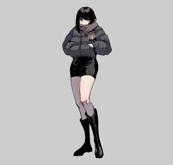 1girl absurdres black_boots black_hair black_shorts boots bright_pupils brown_scarf covered_mouth down_jacket full_body grey_background grey_jacket hands_in_pockets highres jacket knee_boots long_hair long_sleeves looking_at_viewer original red_eyes scarf shorts simple_background solo white_pupils yogert_chip