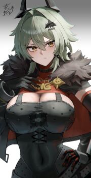 1girl :/ absurdres armor black_gloves black_horns black_sleeves blush breastplate breasts caesar_king_(zenless_zone_zero) cleavage closed_mouth commentary_request covered_navel detached_sleeves fake_horns fur-trimmed_jacket fur_trim gloves gradient_background green_hair grey_background hair_between_eyes hair_intakes hair_ornament hairband hana_hebi hand_on_own_hip highres horn_hairband horns jacket large_breasts looking_at_viewer orange_eyes prosthesis prosthetic_arm short_hair signature single_glove solo upper_body v-shaped_eyebrows white_background zenless_zone_zero