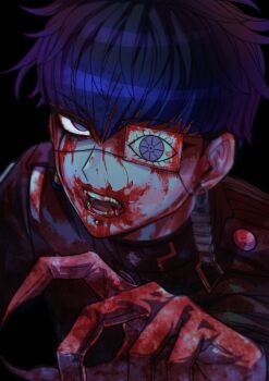 1boy absurdres black_jacket blood blood_on_clothes blood_on_face blood_on_gloves blue_hair chamuchai commentary_request earrings empty_eyes eye_print eyepatch face_piercing fingernails gakuran gloves highres jacket jewelry labret_piercing last_defense_academy_school_uniform looking_at_viewer male_focus omokage_yugamu outstretched_arm piercing print_eyepatch school_uniform sharp_fingernails sharp_teeth short_hair solo teeth the_hundred_line_-last_defense_academy- upper_body white_gloves zombie