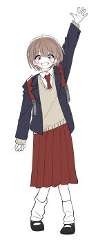 1girl arm_up backpack bag blazer bob_cut brown_eyes brown_hair collared_shirt full_body ggugguc hand_up highres jacket lineart loafers long_skirt looking_at_viewer necktie open_clothes open_hand open_jacket open_mouth original partially_colored pleated_skirt red_necktie red_skirt school_uniform shirt shoes short_hair simple_background sketch skirt smile solo standing sweater_vest waving white_background