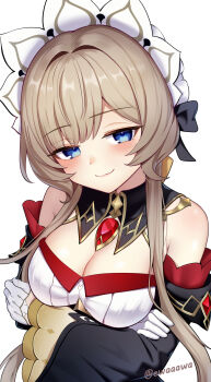 1girl armpit_crease bare_shoulders blue_eyes blush breasts brown_hair cleavage closed_mouth commentary_request crossed_arms detached_collar detached_sleeves dress duplicate ewaaawa gem genshin_impact gloves hair_ornament highres long_hair long_sleeves looking_at_viewer medium_breasts pixel-perfect_duplicate red_gemstone sandrone_(genshin_impact) smile solo strapless strapless_dress twitter_username upper_body white_dress white_gloves wide_sleeves