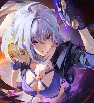 2girls age_comparison black_gloves black_jacket black_wings blonde_hair blue_bra bra breasts clenched_teeth closed_eyes commentary cropped_jacket dual_persona galbrena_(wuthering_waves) gloves grey_hair gun hair_between_eyes highres holding holding_gun holding_weapon jacket large_breasts lifi6184 multiple_girls purple_eyes single_wing teeth time_paradox underwear upper_body weapon wings wuthering_waves