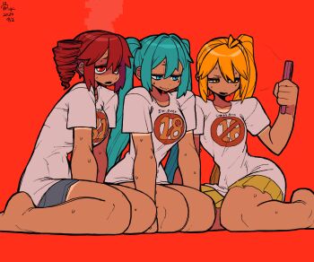 3girls akita_neru anime_coloring annoyed blonde_hair blue_eyes blue_hair bone_nigi bottomless breasts dated drill_hair exhausted hand_fan hatsune_miku head_steam highres kasane_teto large_breasts medium_breasts multiple_girls open_mouth pleated_skirt print_shirt red_background red_eyes red_hair shirt shorts side_ponytail signature skirt slouching small_breasts sweat sweatdrop tan tanline thick_thighs thighs twin_drills twintails utau vocaloid white_shirt yellow_eyes yellow_skirt