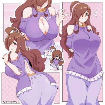 1girl ass bare_shoulders blush breasts brown_eyes brown_hair chibi cleavage_cutout clothing_cutout from_behind heart highres ivan_the_goose kono_subarashii_sekai_ni_shukufuku_wo! large_breasts one_eye_covered shoulder_cutout skirt wiz_(konosuba)