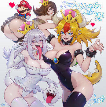 1boy 3girls angry armlet artist_name ass black_legwear black_leotard blonde_hair blue_eyes blush boo_(mario) bowsette bracelet breasts brown_eyes brown_hair chibi choker citemer claws cleavage commentary covered_navel crown curvy elbow_gloves english_text facial_hair fingernails frilled_leotard frills gloves goomba hat heart highleg highleg_leotard highres hip_focus horns huge_ass jewelry large_breasts leotard light_blush long_tongue looking_at_viewer luigi&#039;s_mansion mario mario_(series) mini_crown multicolored_hair multiple_girls mustache new_super_mario_bros._u_deluxe nintendo open_mouth overalls pale_skin panties ponytail princess_king_boo purple_eyes red_hair red_hat sharp_fingernails sharp_teeth silver_hair simple_background spiked_armlet spiked_bracelet spiked_choker spiked_shell spiked_tail spikes super_crown tail teeth thick_thighs thighs tongue tongue_out turtle_shell two-tone_hair underwear wavy_hair white_background white_gloves white_leotard wide_hips