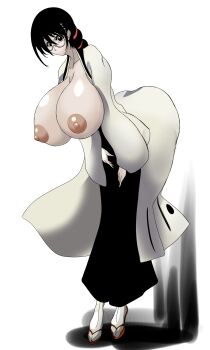 1girl absurdres black_hair bleach bleach:_sennen_kessen-hen braid braided_ponytail breasts breasts_out ciu_(artist) female_focus full_body glasses haori highres japanese_clothes katori_batsuunsai large_breasts long_hair nipples shihakusho shiny_skin simple_background white_background