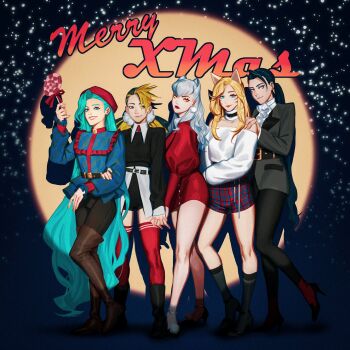 5girls absurdres ahri_(league_of_legends) akali aqua_hair black_hair blonde_hair christmas demon_girl evelynn_(league_of_legends) fox_girl highres kai&#039;sa lan_dinh_thi_dieu league_of_legends long_hair looking_at_viewer multicolored_hair multiple_girls ponytail seraphine_(league_of_legends) two-tone_hair very_long_hair white_hair