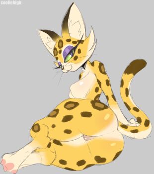 1girl 2022 ass bad_tag breasts clawroline cooliehigh eyelashes female female_focus fur furry furry_female glistening_breasts glistening_butt highres kirby_(series) kirby_and_the_forgotten_land leopard leopard_spots looking_at_viewer looking_back lying nintendo on_side purple_eyes pussy simple_background solo spots spotted_body spotted_fur tail watermark