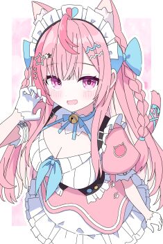 1girl :d absurdres ahoge animal_ear_fluff animal_ears bell blue_bow blue_ribbon blush border bow breasts cat_ears cat_girl cat_tail claw_pose cleavage commentary_request cowboy_shot dot_nose dress frilled_dress frills gloves hair_bow hair_ornament hand_up highres indie_virtual_youtuber kaie large_breasts long_hair looking_at_viewer neck_bell neck_ribbon open_mouth outline outside_border pink_background pink_dress pink_eyes pink_hair ribbon short_sleeves smile solo star_(symbol) star_hair_ornament tail tail_ornament tail_ribbon virtual_youtuber white_border white_gloves white_outline yuuki_sakuna