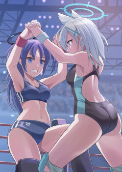 2girls alternate_costume animal_ears armpits arms_up ass back black_halo blue_archive blue_buruma blue_eyes blue_halo blue_one-piece_swimsuit blue_sports_bra breasts buruma catfight cleavage clenched_teeth collarbone commentary_request commission competition_swimsuit cross_hair_ornament extra_ears feet_out_of_frame grey_hair hair_ornament halo highres holding_hands indoors interlocked_fingers long_hair looking_at_another mechanical_halo medium_breasts medium_hair millennium_science_school_logo multiple_girls navel nikulas_cage official_alternate_costume one-piece_swimsuit pixiv_commission profile purple_hair red_wrist_cuffs serious shiroko_(blue_archive) shiroko_(swimsuit)_(blue_archive) sports_bikini sports_bra standing stomach swimsuit teeth thighs v-shaped_eyebrows white_wrist_cuffs wolf_ears wolf_girl wrestling wrestling_ring wrist_cuffs yuuka_(blue_archive)