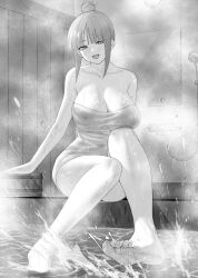 1girl bare_shoulders bathroom breasts cleavage collarbone covered_erect_nipples feet go-toubun_no_hanayome greyscale hair_bun highres kosmos_beta large_breasts monochrome nakano_nino naked_towel nipples see-through_towel sidelocks smile thighs towel water wet