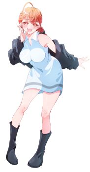 1girl absurdres ahoge bare_shoulders bent_over black_boots black_jacket blush boots braid braided_ponytail breasts dress full_body highres hololive ichijou_ririka jacket kentotto large_breasts long_hair long_sleeves looking_at_viewer nail_polish open_clothes open_jacket open_mouth orange_eyes orange_hair simple_background smile solo virtual_youtuber white_background white_dress