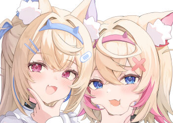 2girls animal_ears aqua_eyes aqua_hair aqua_nails bandaid bandaid_hair_ornament blonde_hair blush commentary_request dog_ears dog_girl double-parted_bangs fake_horns fuwawa_abyssgard fuwawa_abyssgard_(1st_costume) hair_ornament hairband hands_on_another&#039;s_cheeks hands_on_another&#039;s_face highres hololive hololive_english horn_hairband horns long_hair looking_at_viewer mococo_abyssgard mococo_abyssgard_(1st_costume) multiple_girls open_mouth paru_(parunprunpa) pink_eyes pink_hair short_hair siblings simple_background sisters smile twins virtual_youtuber white_background x_hair_ornament