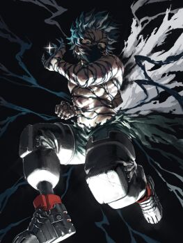 1boy absurdres bh20647 black_background boku_no_hero_academia full_body green_eyes green_hair highres knee_pads looking_at_viewer male_focus midoriya_izuku short_hair simple_background solo superhero_costume toned toned_male topless_male torn_clothes