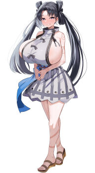 1girl absurdres alternate_breast_size_(larger) backless_dress backless_outfit bare_shoulders blush body_markings breasts brown_hair cleavage commentary_request covered_erect_nipples curvy dress fate/grand_order fate_(series) grey_dress grey_eyes highres huge_breasts huge_nipples incredibly_absurdres iyo_(fate) large_breasts long_hair looking_at_viewer open_mouth parted_bangs sash shokobr sideboob solo sweat thick_thighs thighs twintails tying_hair very_long_hair