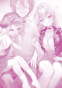 1boy 2girls absurdres choker chris_esse_eisbert clothing_request commentary_request danshi_kinsei_game_sekai_de_ore_ga_yarubeki_yuiitsu_no_koto_yuri_no_ma_ni_hasamaru_otoko_to_shite_tensei_shite_shimaimashita dazed dress haishiki hat highres jacket long_hair monochrome mulle_esse_eisbert multiple_girls no_shoes novel_illustration official_art open_mouth sanjou_hiiro siblings sisters sitting sitting_on_person skirt socks