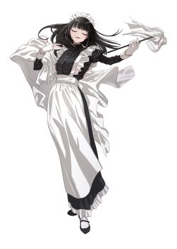 apron black_hair black_shirt closed_eyes commentary_request duster gloves highres holding holding_duster long_hair long_skirt long_sleeves maid maid_apron maid_headdress original sawatani_(_swt2) shirt skirt white_gloves wrist_cuffs