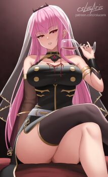 1girl alcohol artist_name bare_shoulders black_dress black_nails breasts brown_background brown_sleeves brown_thighhighs cleavage commentary_request cslucaris cup dress drinking_glass fluid_on_breasts gradient_background half-closed_eyes highres holding_grass hololive hololive_english impossible_clothes impossible_dress large_breasts long_hair mori_calliope parted_lips pink_eyes pink_hair see-through_clothes see-through_sleeves side_slit signature single_sleeve single_thighhigh sitting sleeveless sleeveless_dress solo thick_eyelashes thick_thighs thighhighs thighs veil virtual_youtuber watermark web_address wine wine_glass